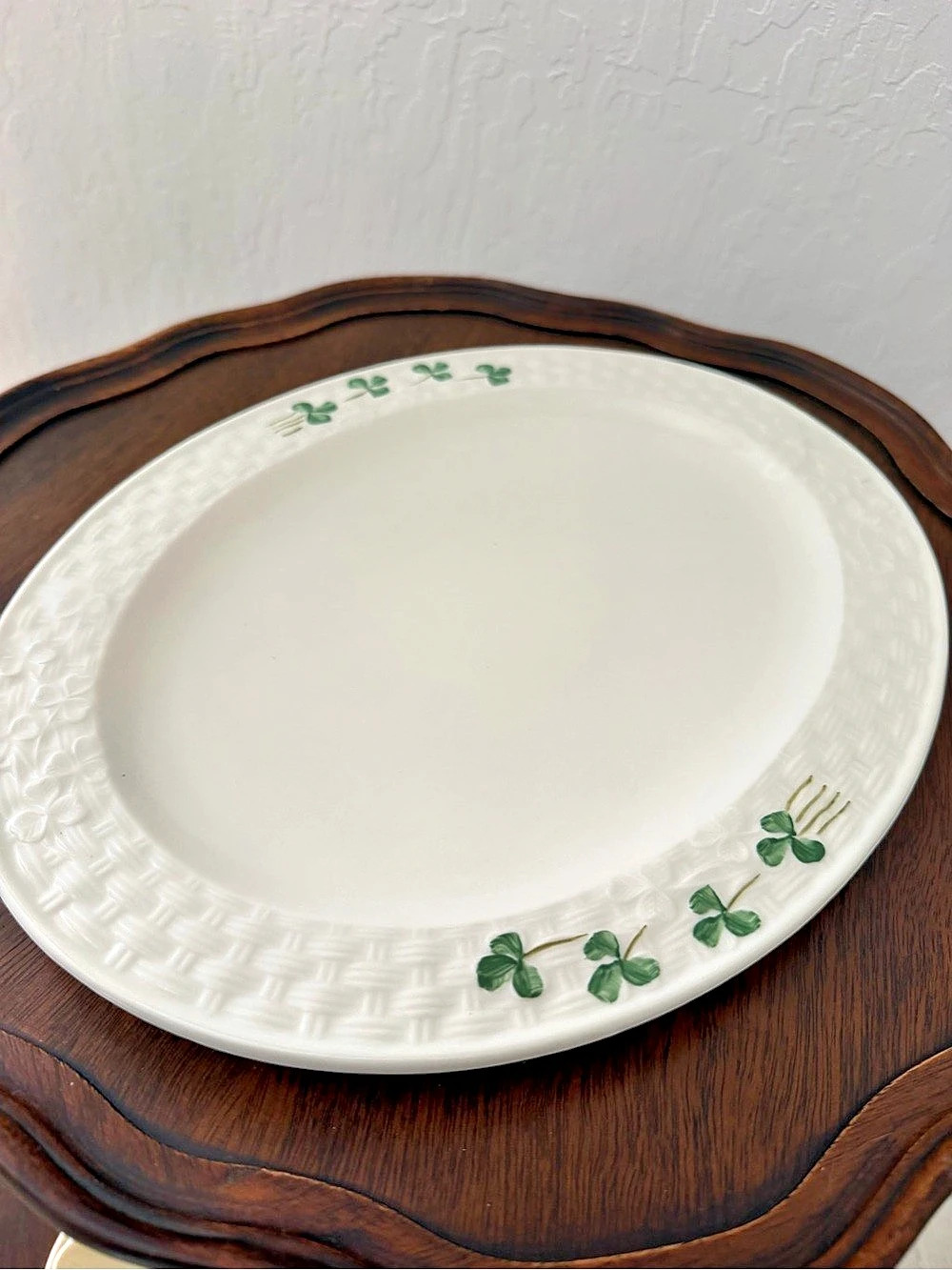 Belleek Shamrock Small Oval Platter White & Green
